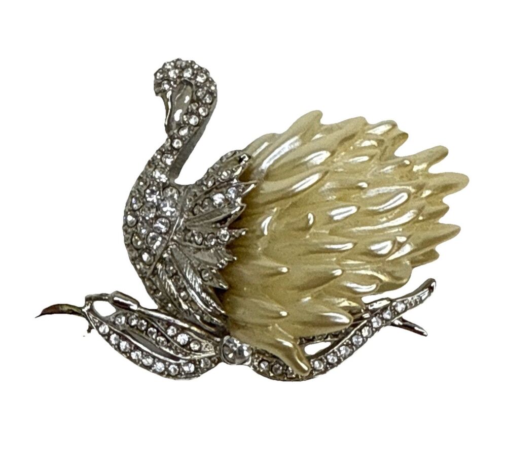 Nolan Miller Swan Brooch Faux Pearl Feathers Clear Rhinestone Body Silver Tone